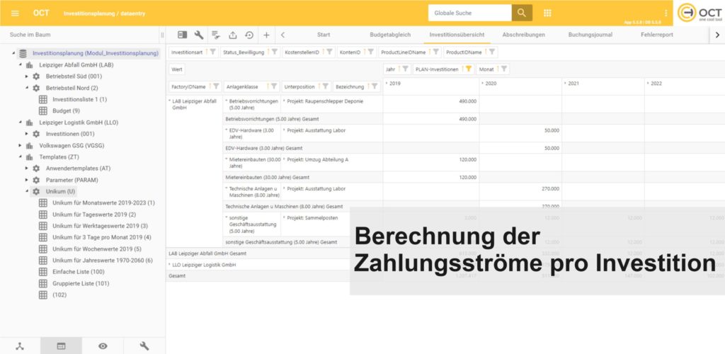 Screenshot des Moduls OCT Investitionsplanung