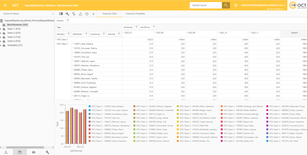 Ressourcenmanagement mit OCT: WebPivot Darstellung des Forcasts auf Team und Mitarbeiterebene