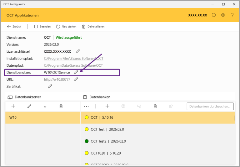 Konfigurator, Dienstkonto bearbeiten