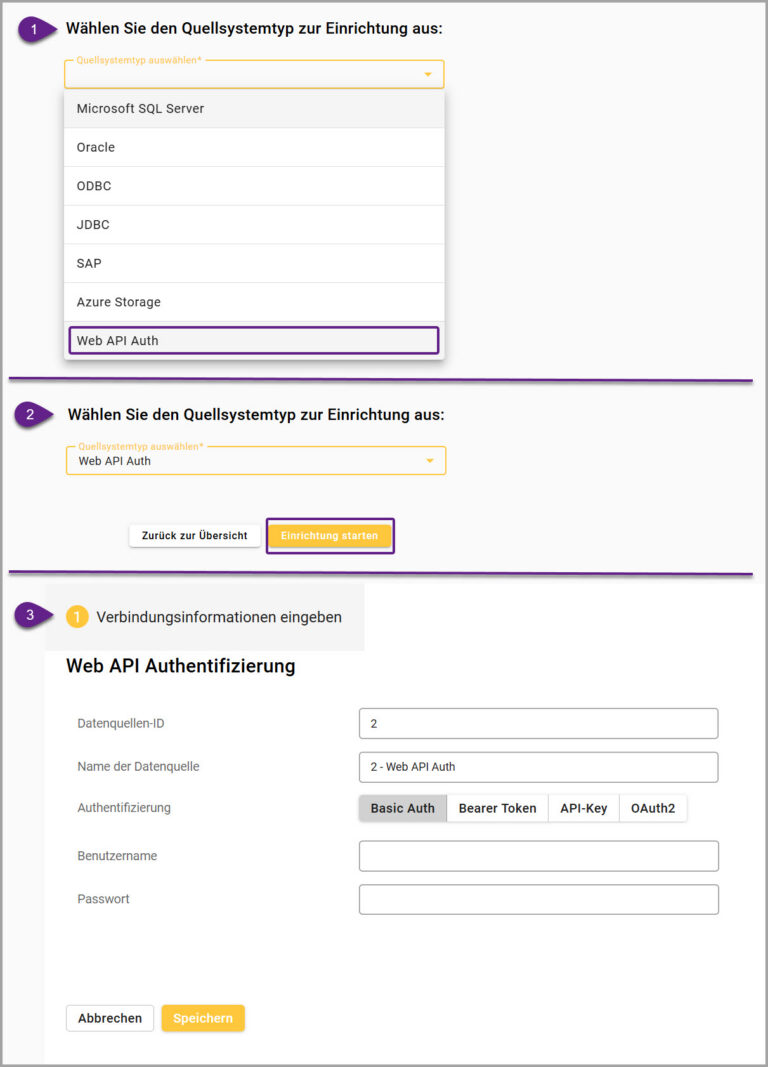 Neue Datenquelle Web API Authentifizierung, zentrale Verwaltung von Zugangsdaten für Web API Step