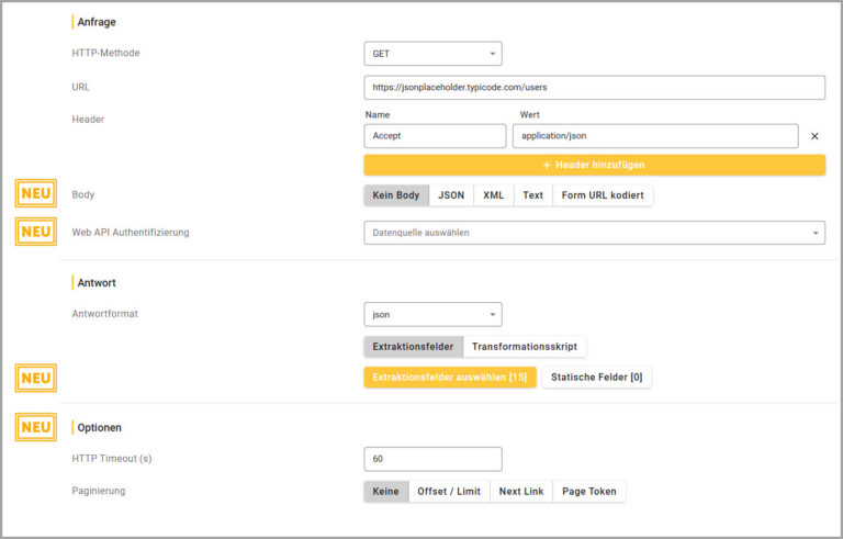 Neue Funktionen im Web API Step, verschiedene Bodys, Auwahl einer Authentifizierung, Feldauswahl, Variablen, Timeout, Paginierung