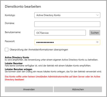 Konfigurator, Dienstkonto bearbeiten